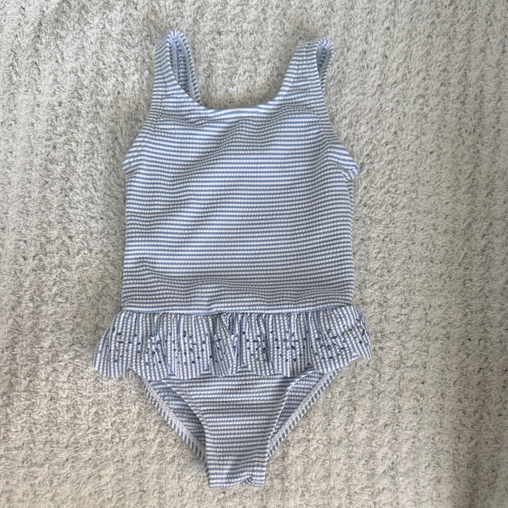 Primark Blue and White Striped Ruffle One-Piece Swimsuit